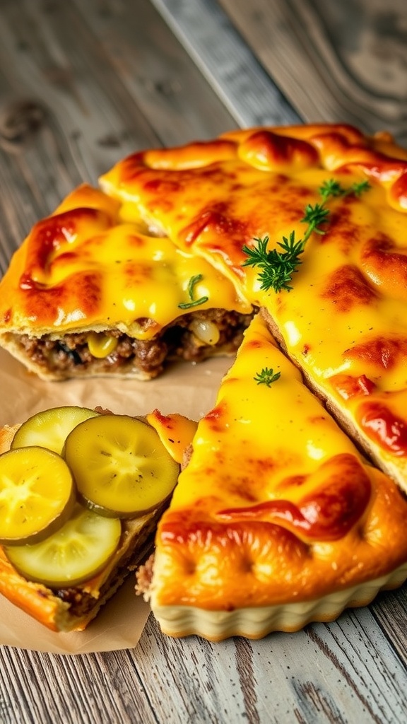 A slice of cheeseburger pie with melted cheese and ground beef, garnished with herbs and pickles on a wooden table.
